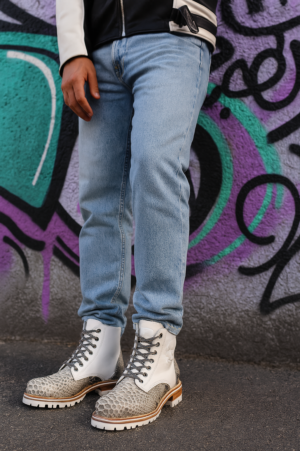 White Leather & Natural Python Boots