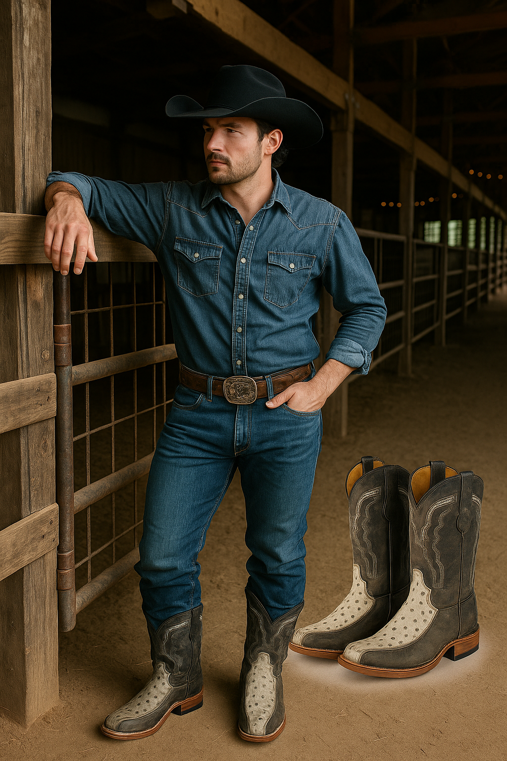 Distressed Leather Cowboy Boots – Ostrich Embossed Foot
