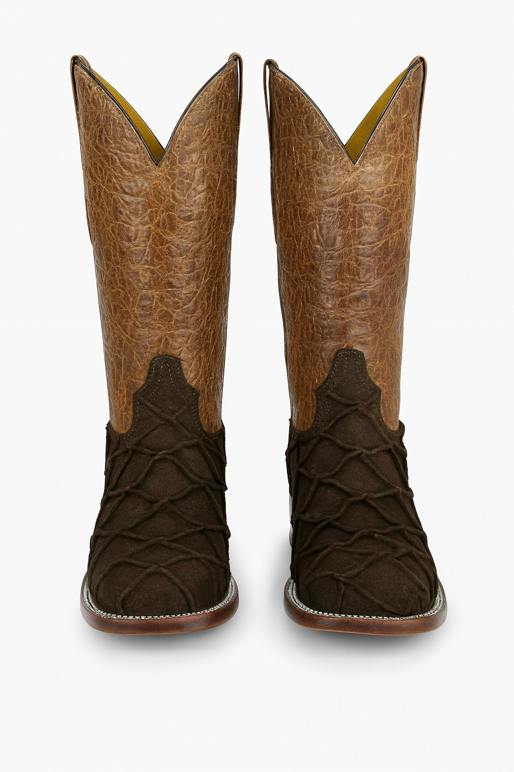 Men’s Pirarucu & Cowhide Western Boots – Embossed Exotic Leather, Square Toe