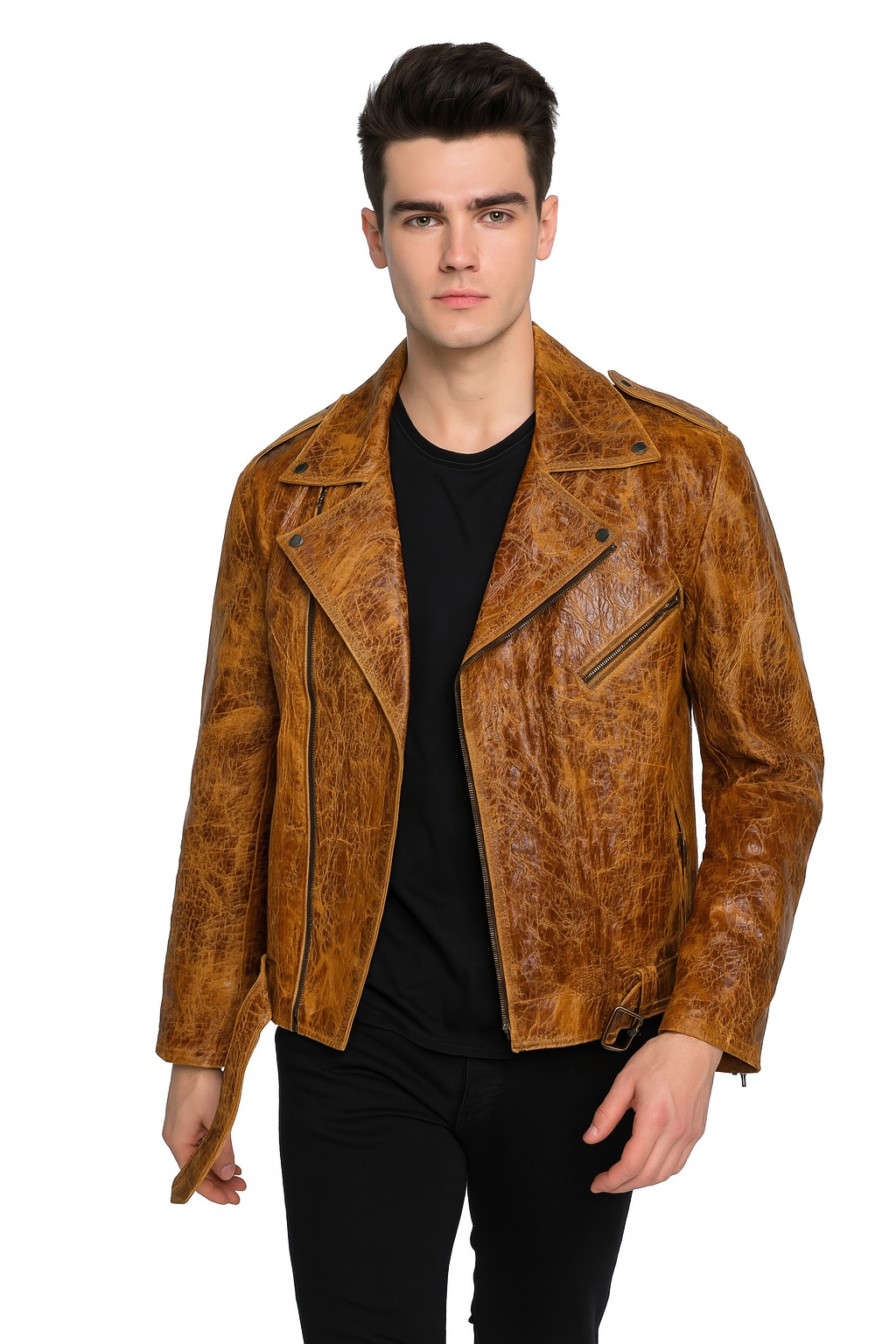 Hand-Treated Distressed Leather Biker Jacket