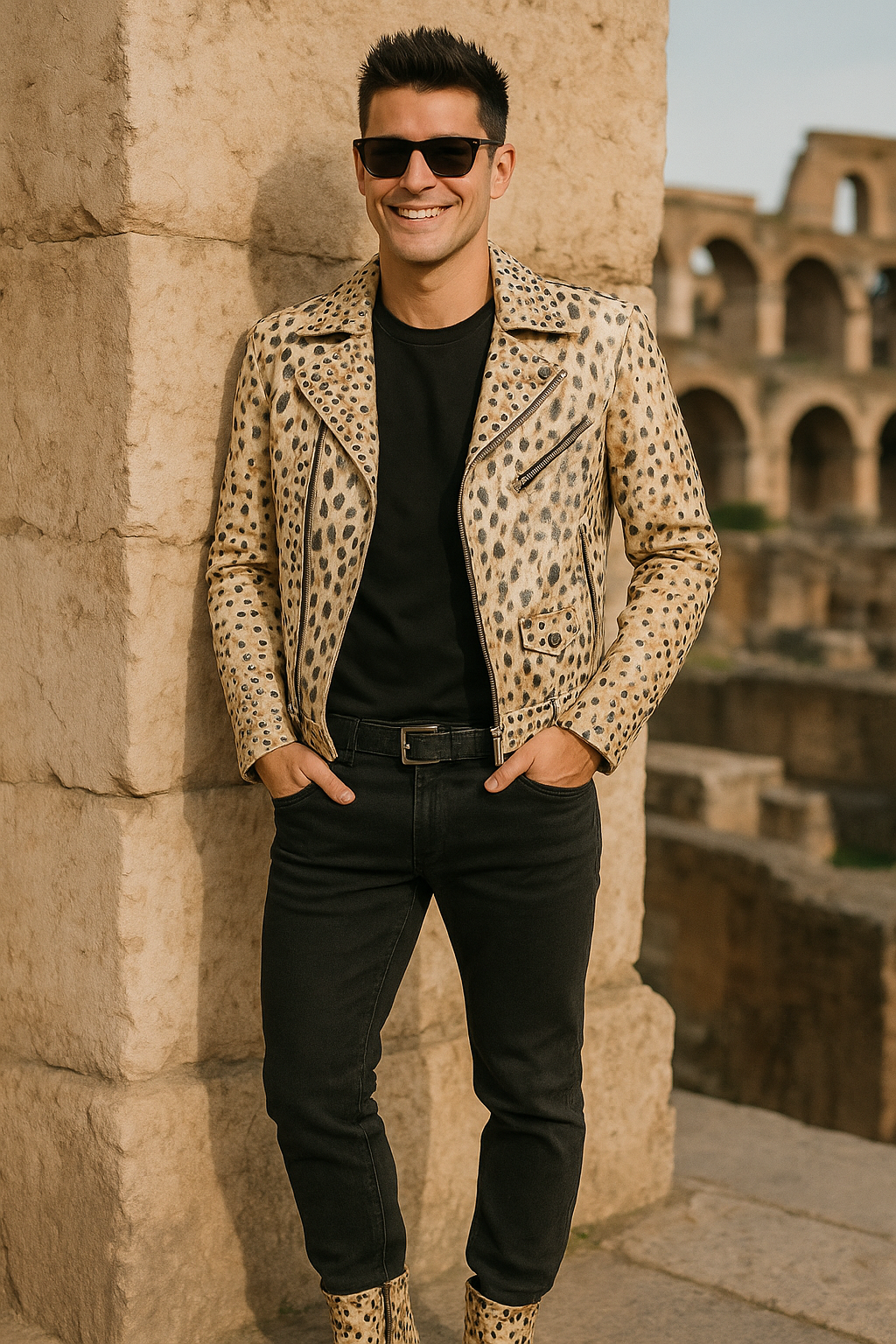 Distinctive Leopard-Pattern Leather Jacket with Stud Accents