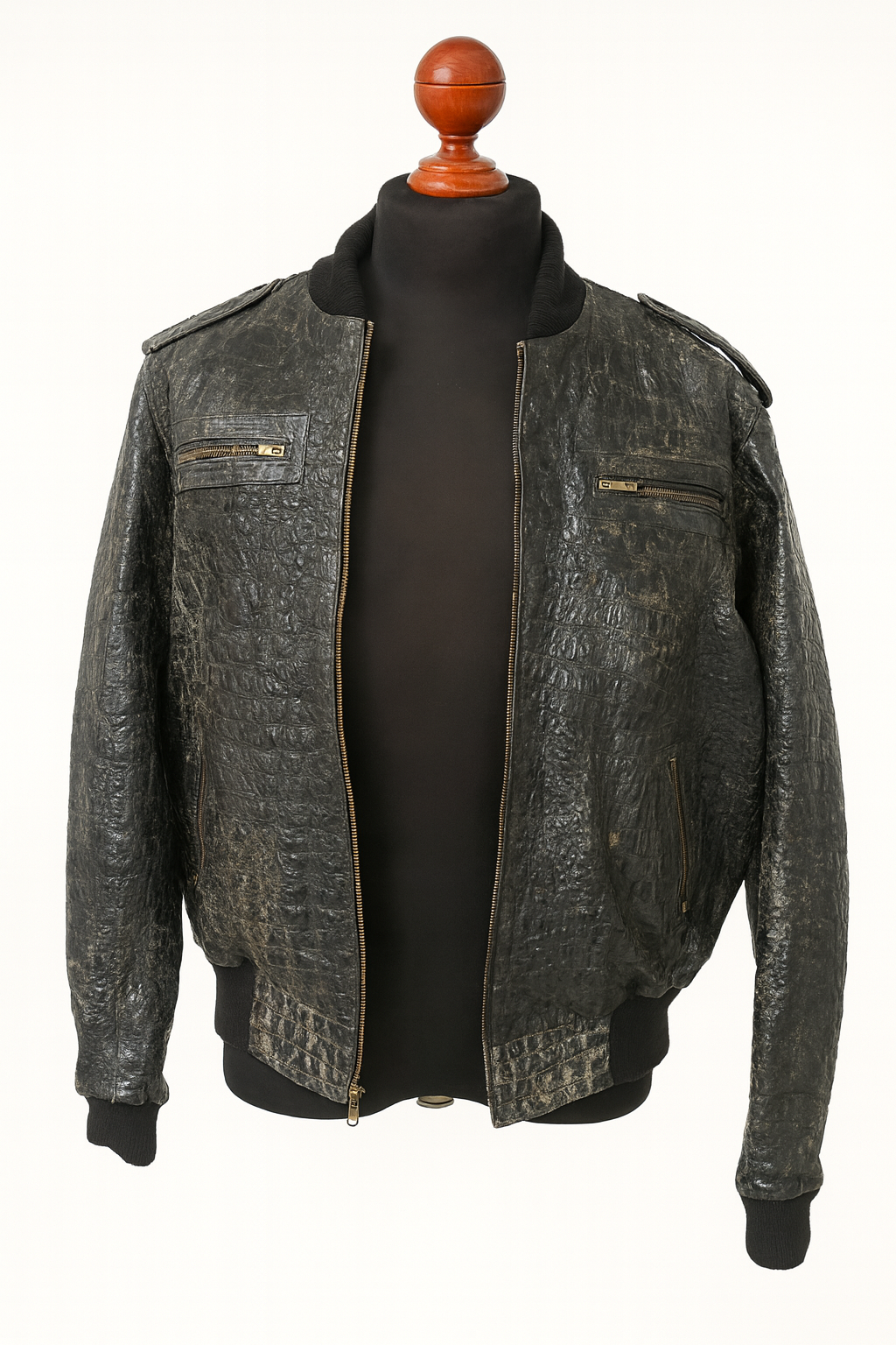 Crocodile Embossed Leather Jacket – Distressed Antique Finish, Vintage Bomber Style