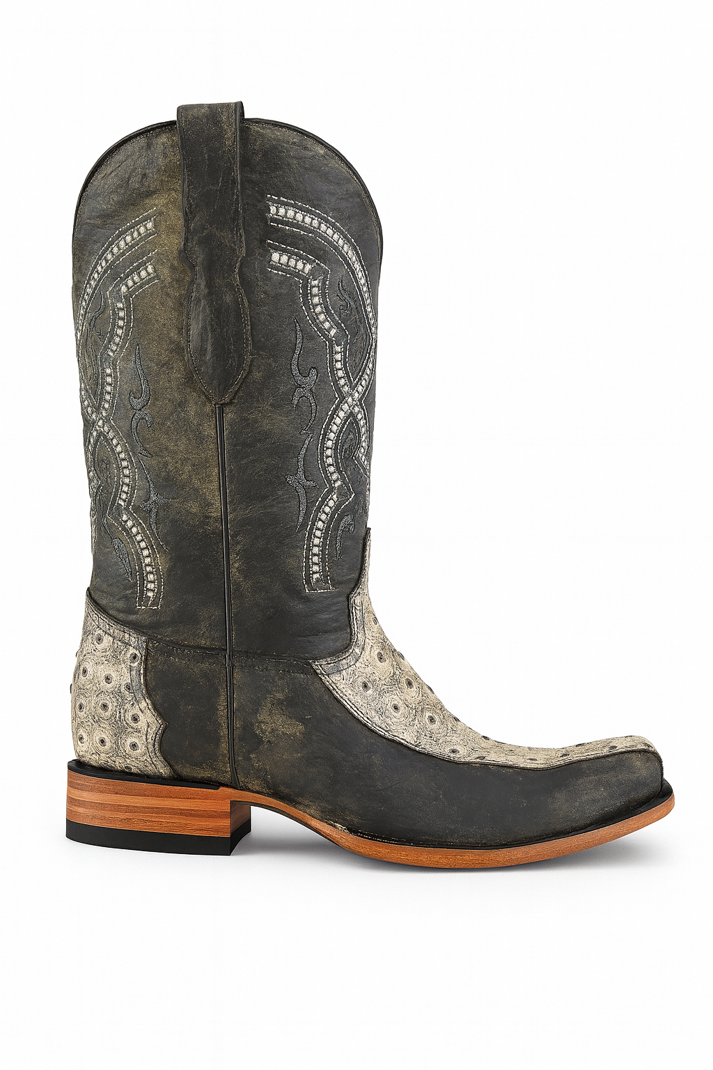 Distressed Leather Cowboy Boots – Ostrich Embossed Foot