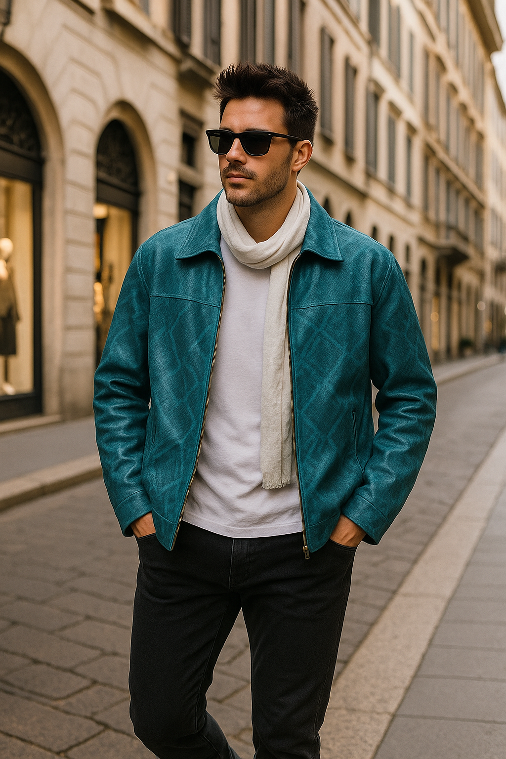 Teal Snake-Textured Leather Moto Jacket