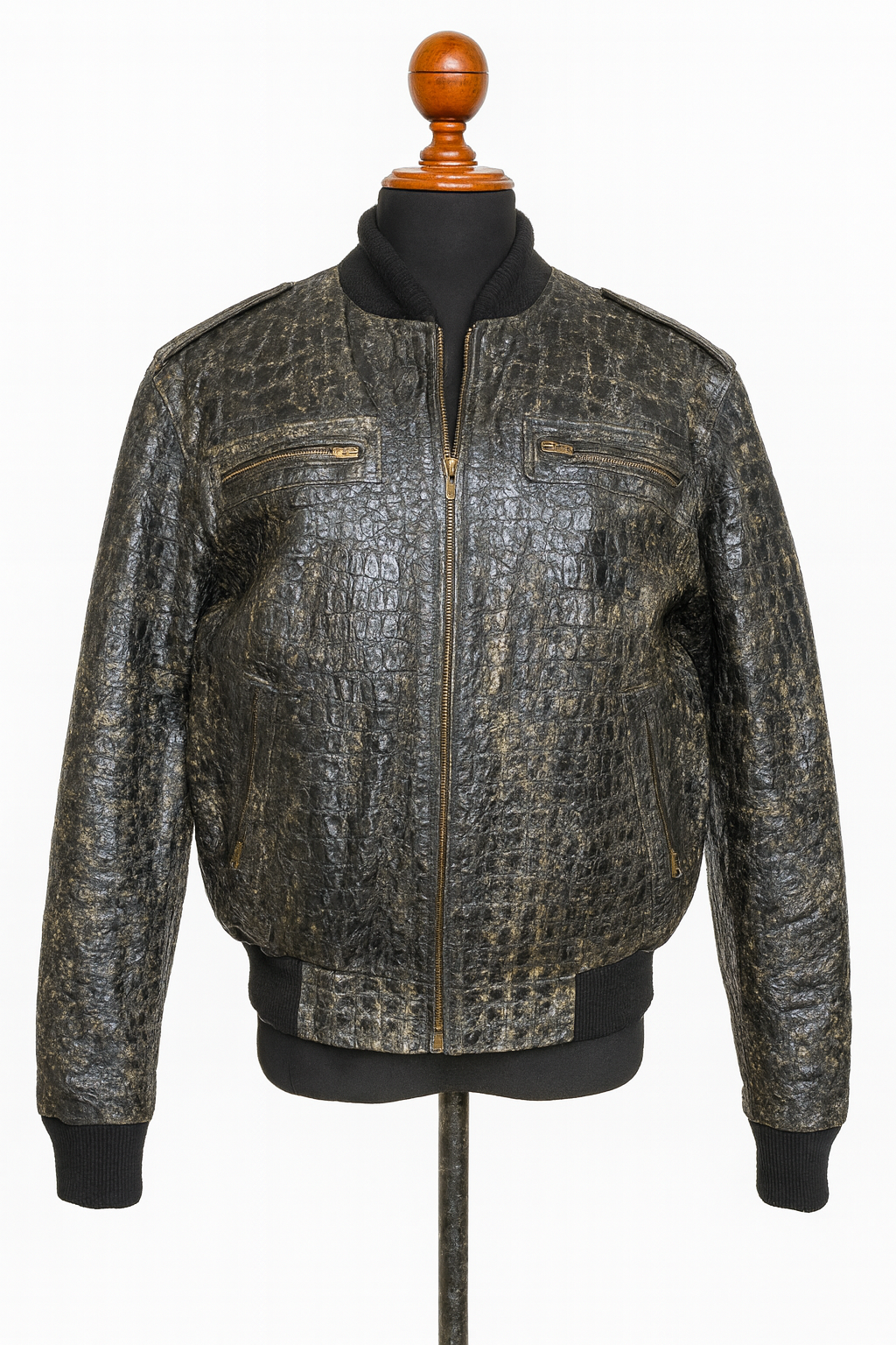 Crocodile Embossed Leather Jacket – Distressed Antique Finish, Vintage Bomber Style