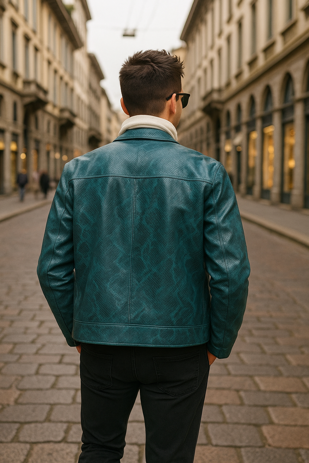 Teal Snake-Textured Leather Moto Jacket