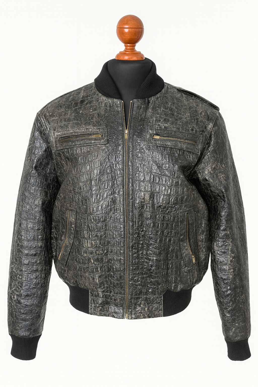 Crocodile Embossed Leather Jacket – Distressed Antique Finish, Vintage Bomber Style
