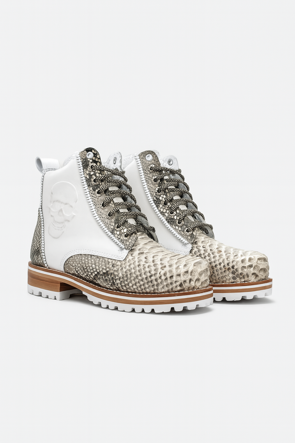 White Leather & Natural Python Boots