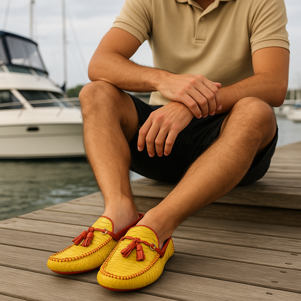 Yellow Python Embossed Moccasins with Tassels
