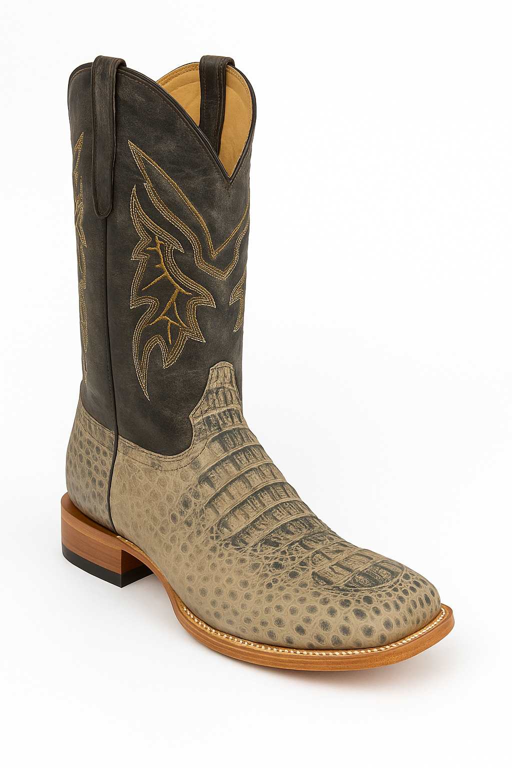 Distressed black western Boots with Crocodile Texture Vamp