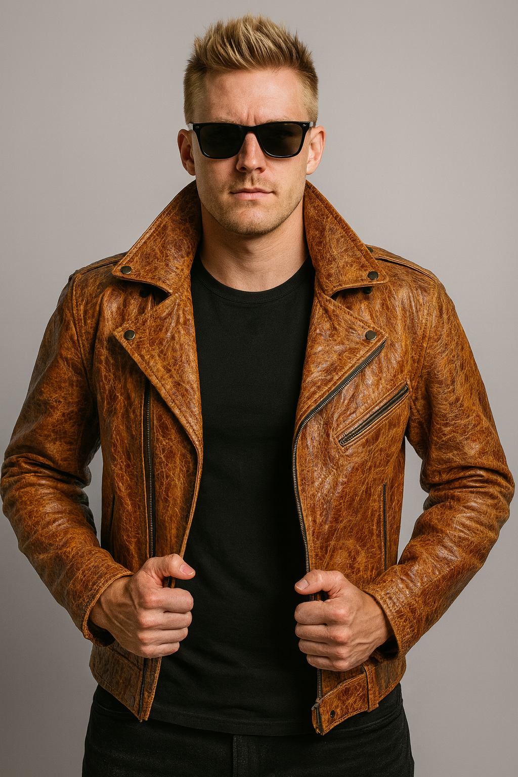 Hand-Treated Distressed Leather Biker Jacket