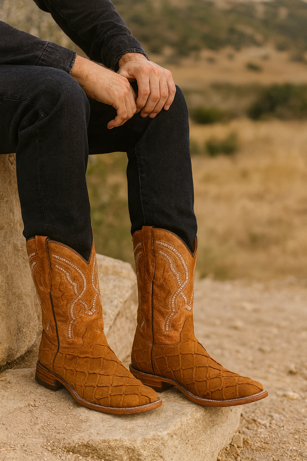 Pirarucu-embossed cowboy boots with leather crafted to look genuine. Premium exotic style and durable Western design.