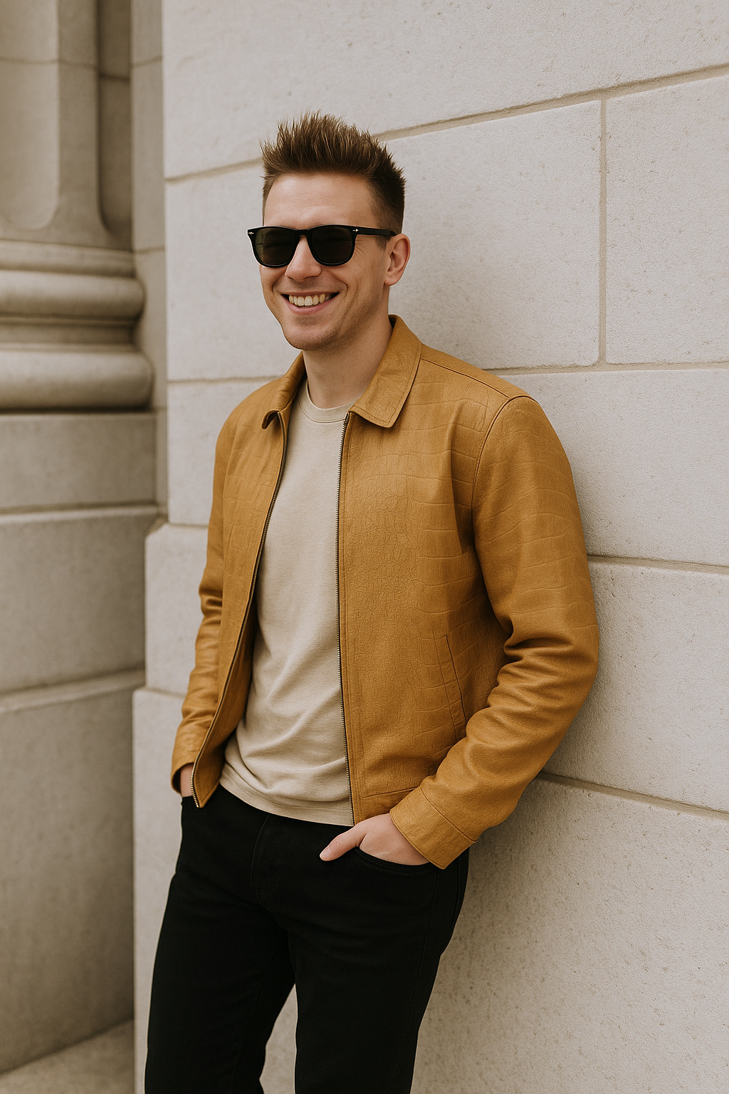 Sand Crocodile-Embossed Leather Jacket