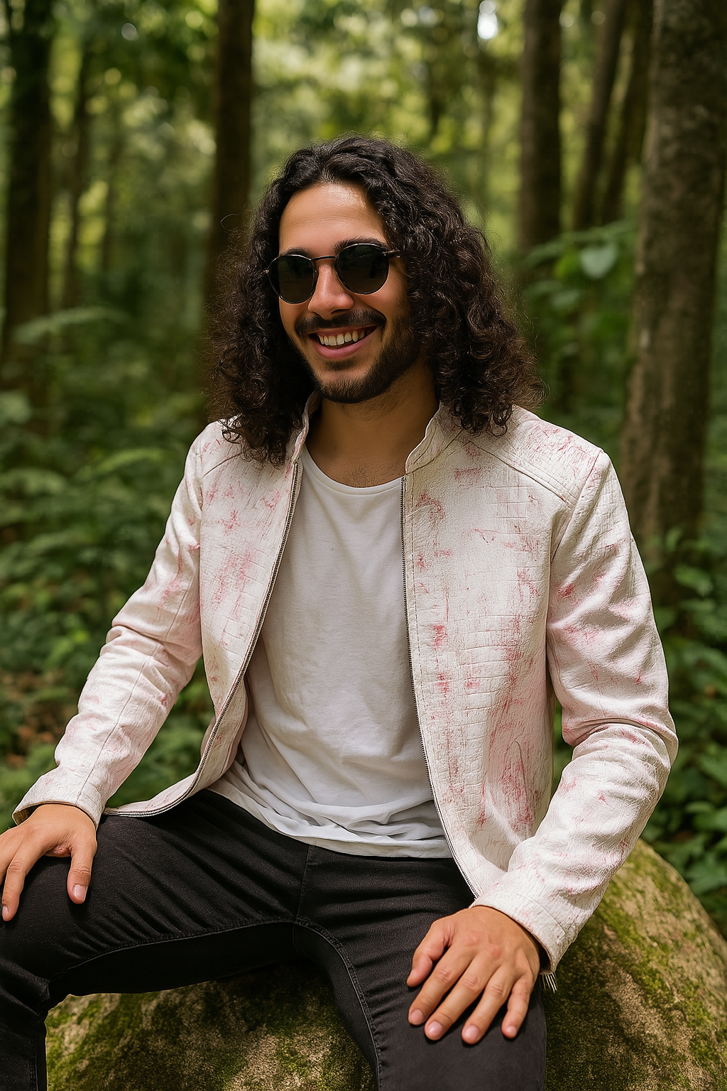 Modern Artisan Crocodile-Embossed Leather Jacket in Blush White
