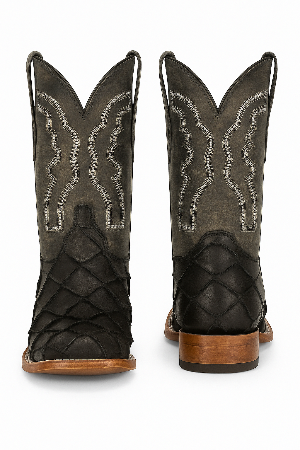 Black Embossed Pirarucu Leather Cowboy Boots with Distressed Shaft