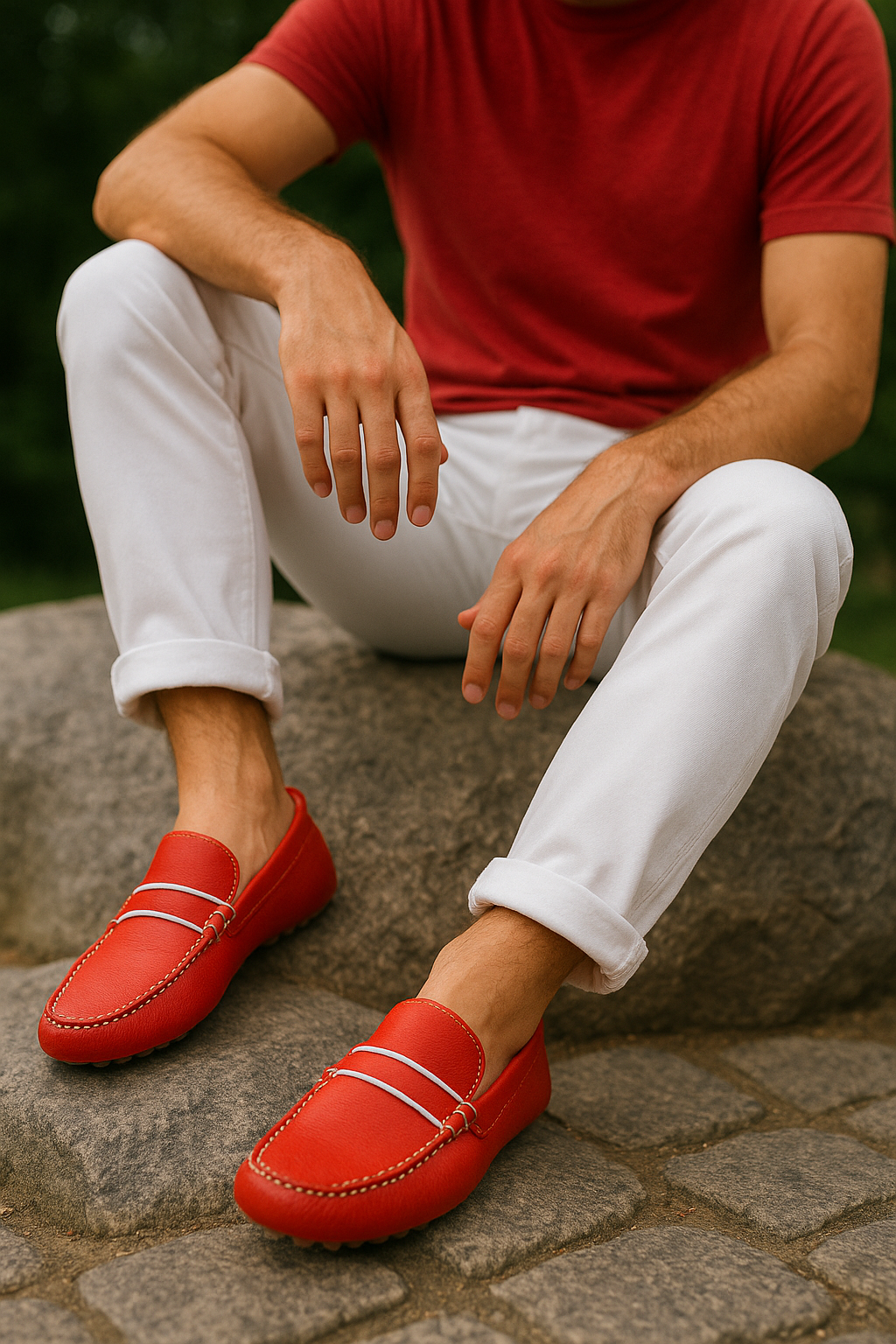 Classic Red Leather Loafers with White Trim