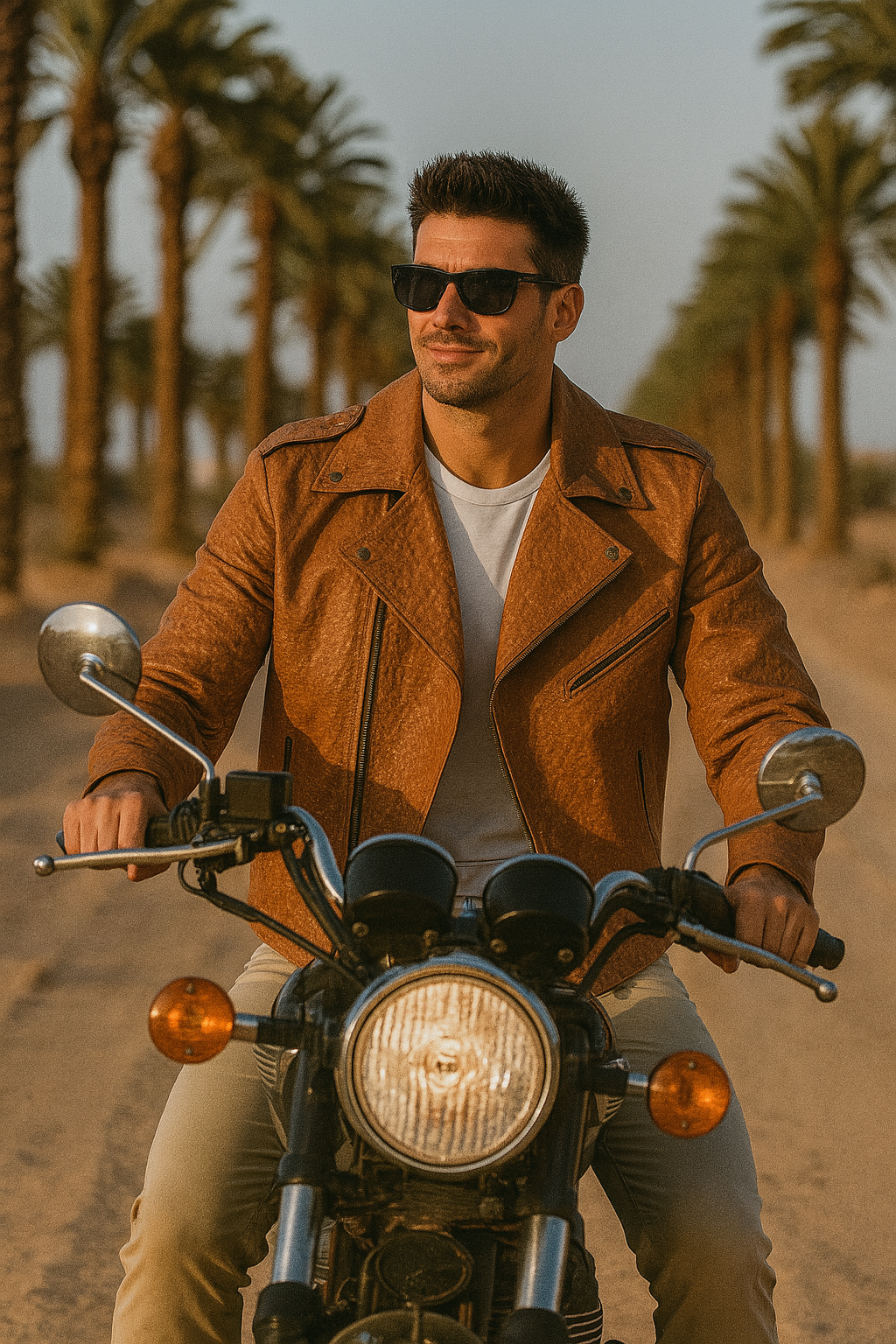 Cognac Ostrich-Textured Leather Moto Jacket