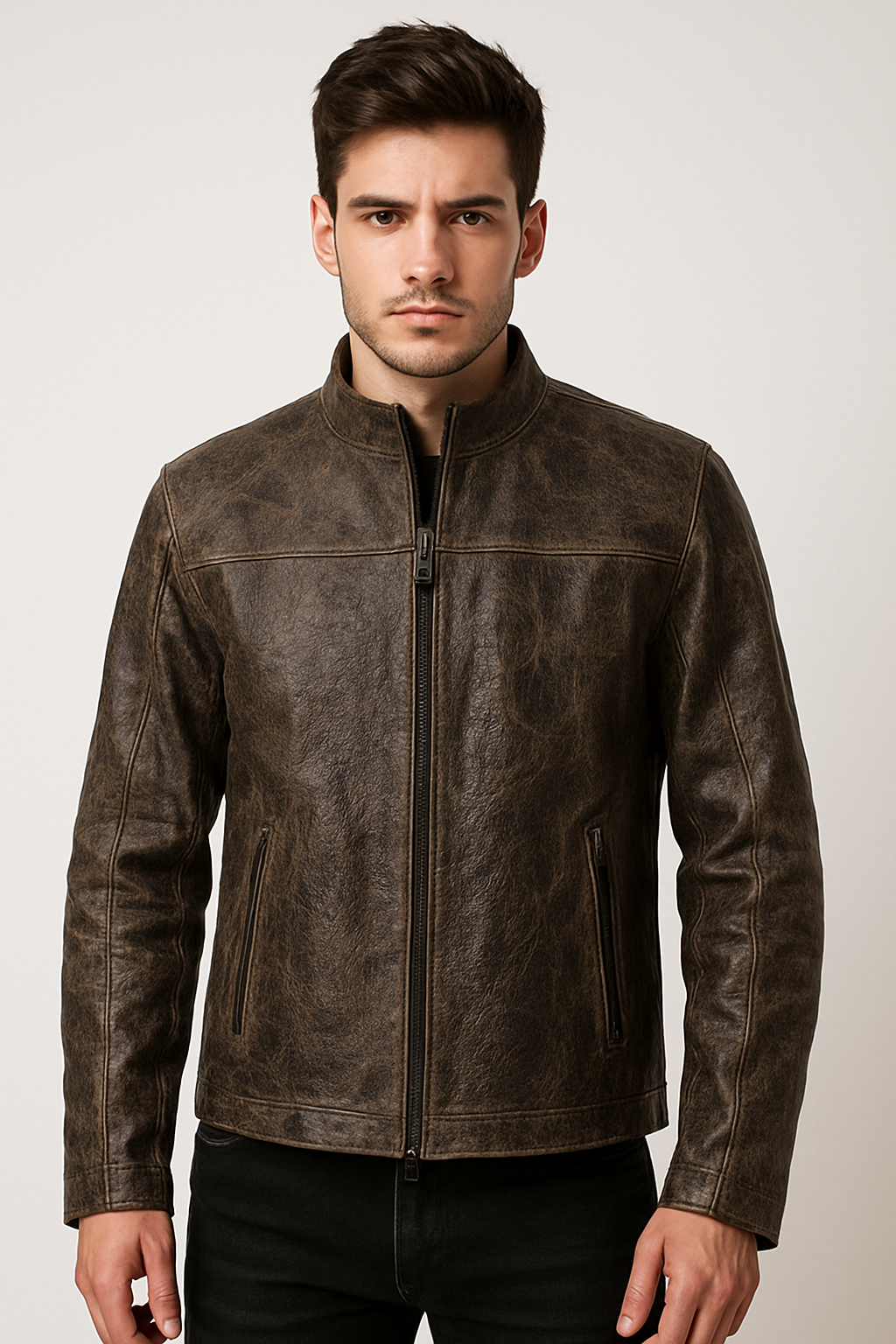 Rustic Charcoal-Brown Leather Moto Jacket,embossed