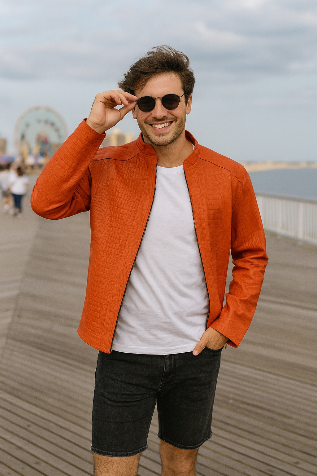 Crocodile-Embossed Zip-Up Jacket in Sunset Orange