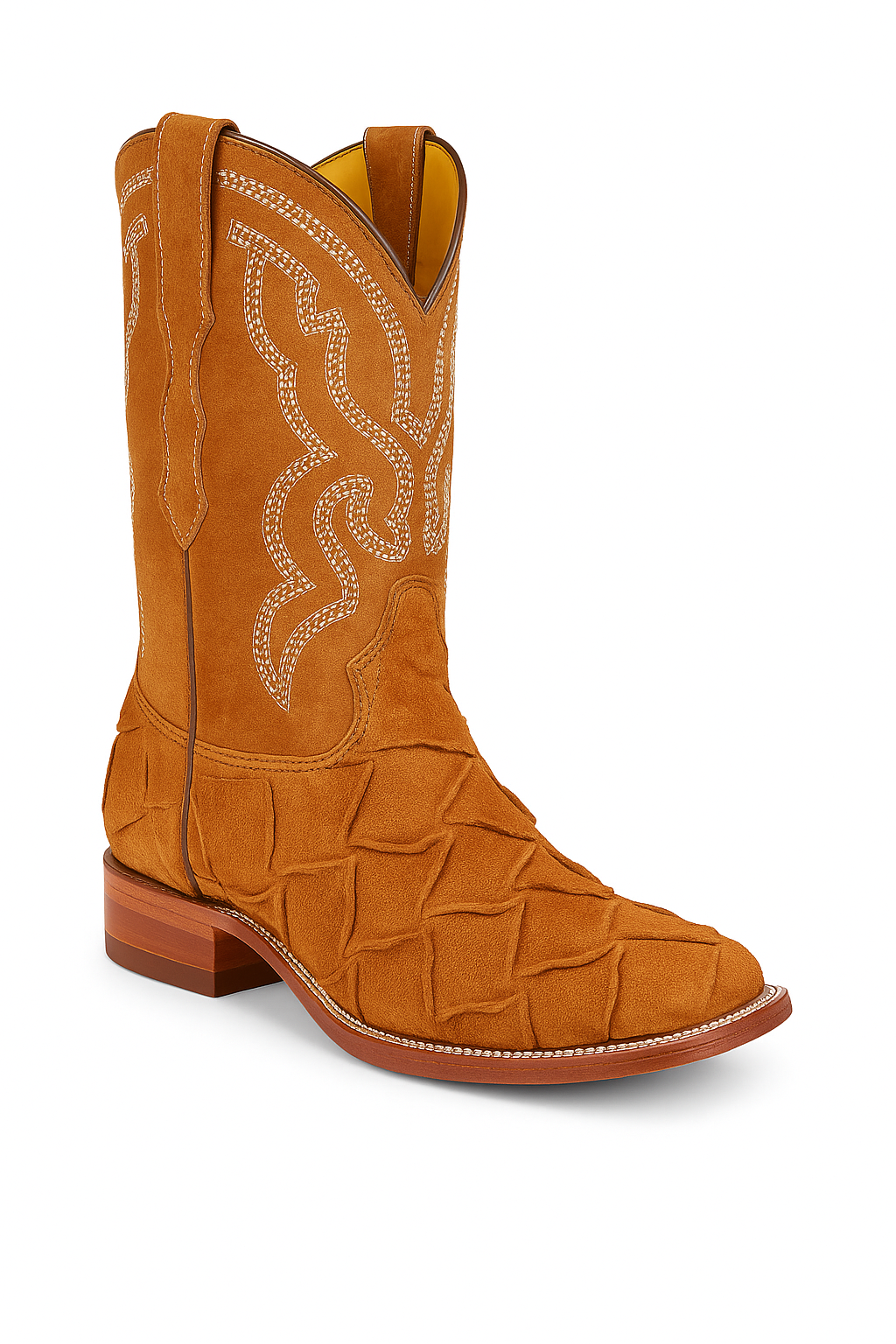 Pirarucu-embossed cowboy boots with leather crafted to look genuine. Premium exotic style and durable Western design.