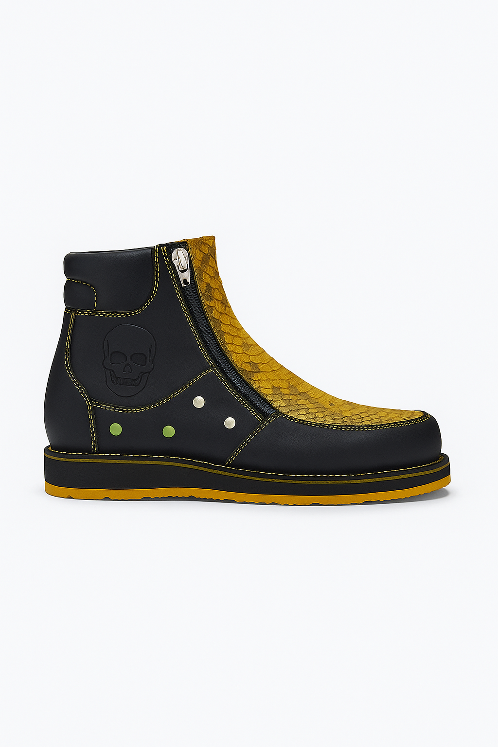 Yellow Python & Black Leather Skull Boots