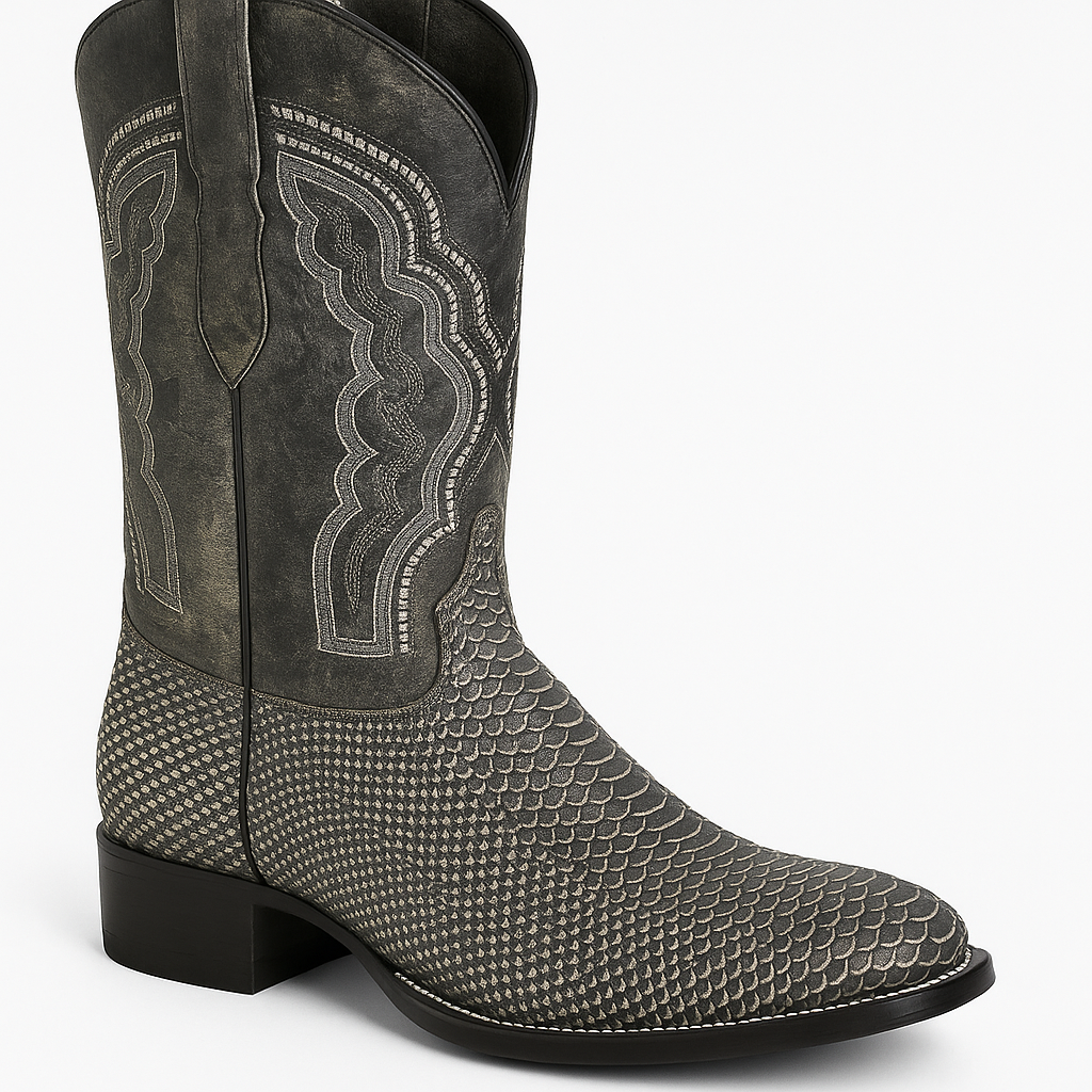 Vintage Gray Embossed Snake-Pattern Cowboy Boots