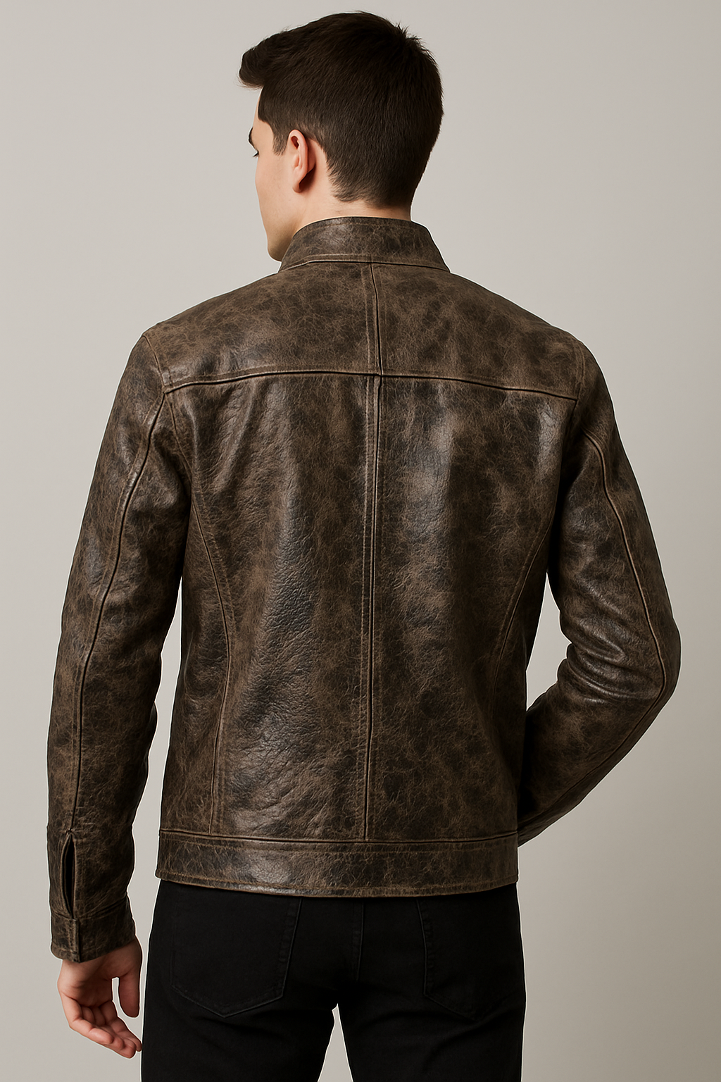Rustic Charcoal-Brown Leather Moto Jacket,embossed