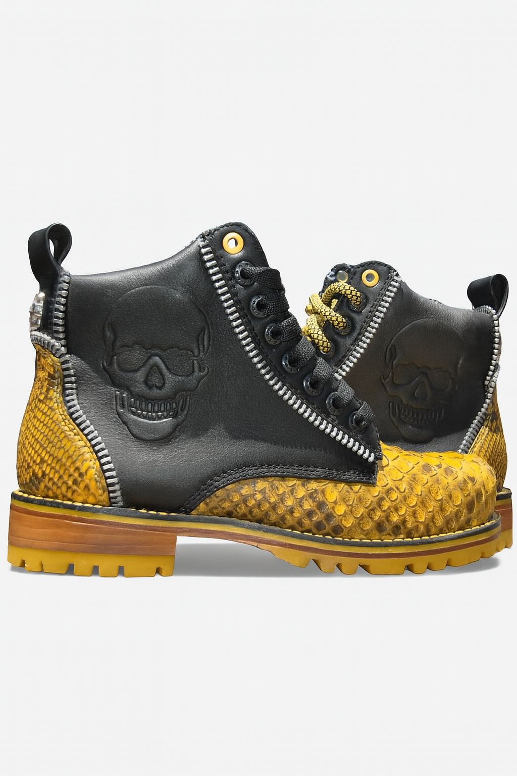 Designer Python Combat Boots with Skull Embossing