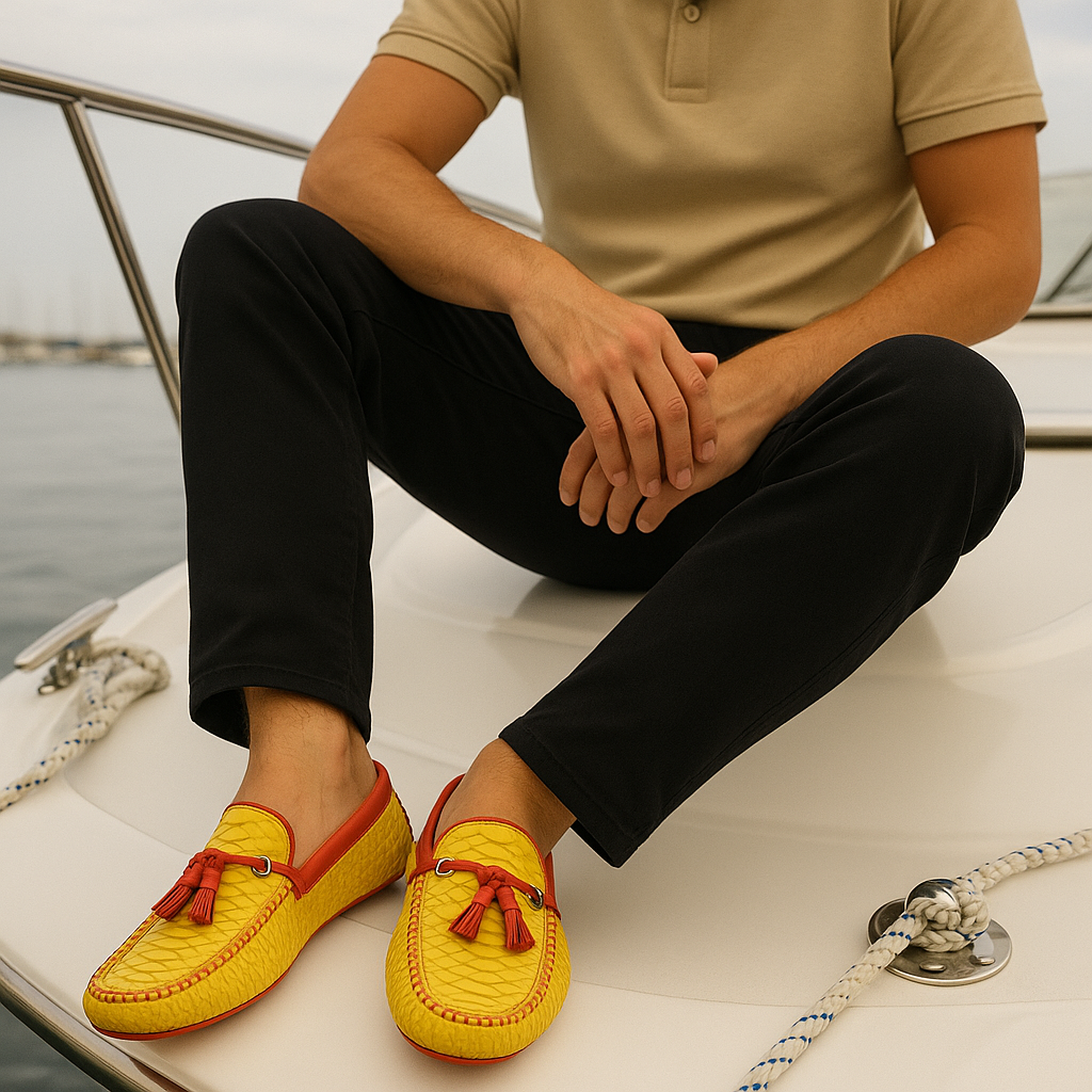 Yellow Python Embossed Moccasins with Tassels