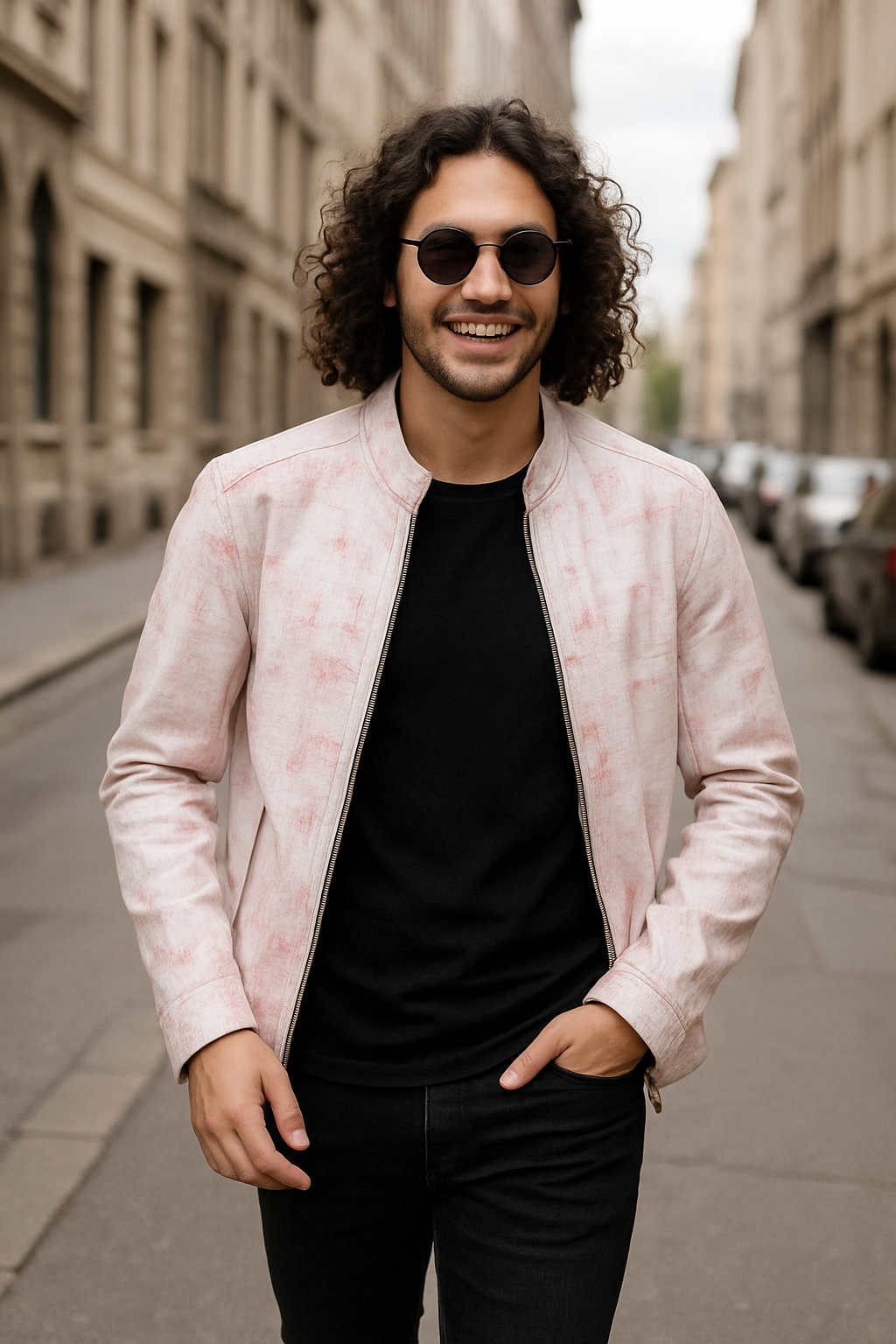Modern Artisan Crocodile-Embossed Leather Jacket in Blush White