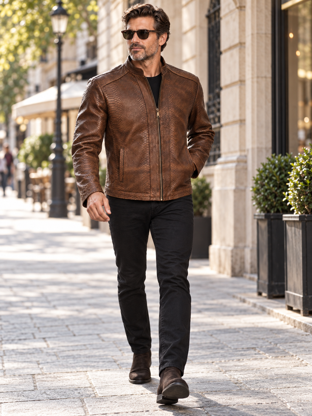 Men's Classic Brown Python-Textured Leather Jacket – Exotic Embossing
