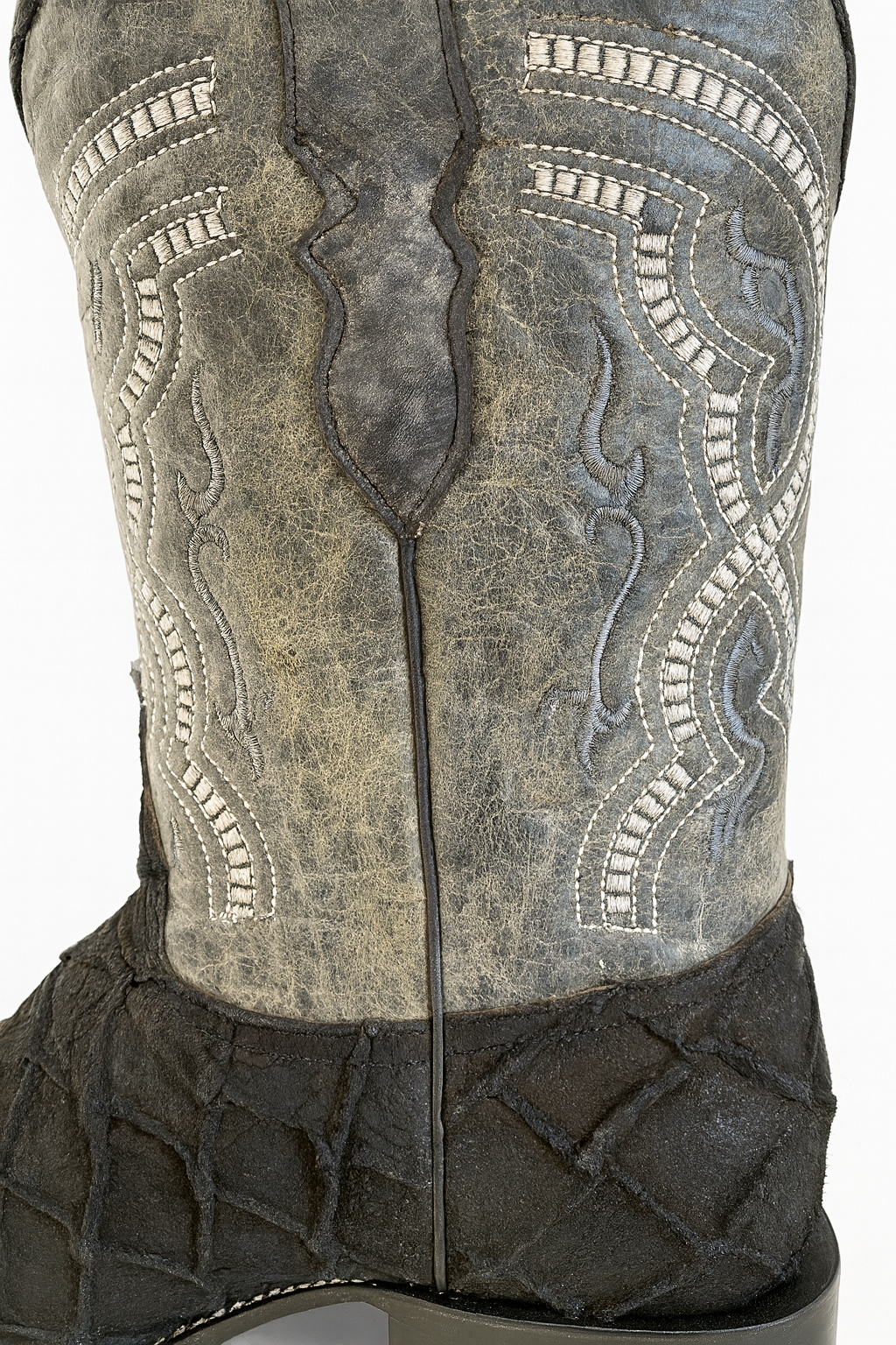 Black Embossed Pirarucu Leather Cowboy Boots with Distressed Shaft