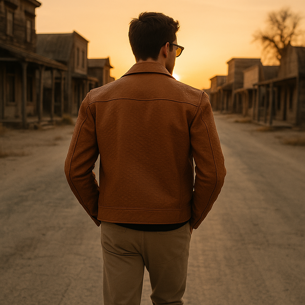 Cognac Ostrich-Textured Leather Moto Jacket