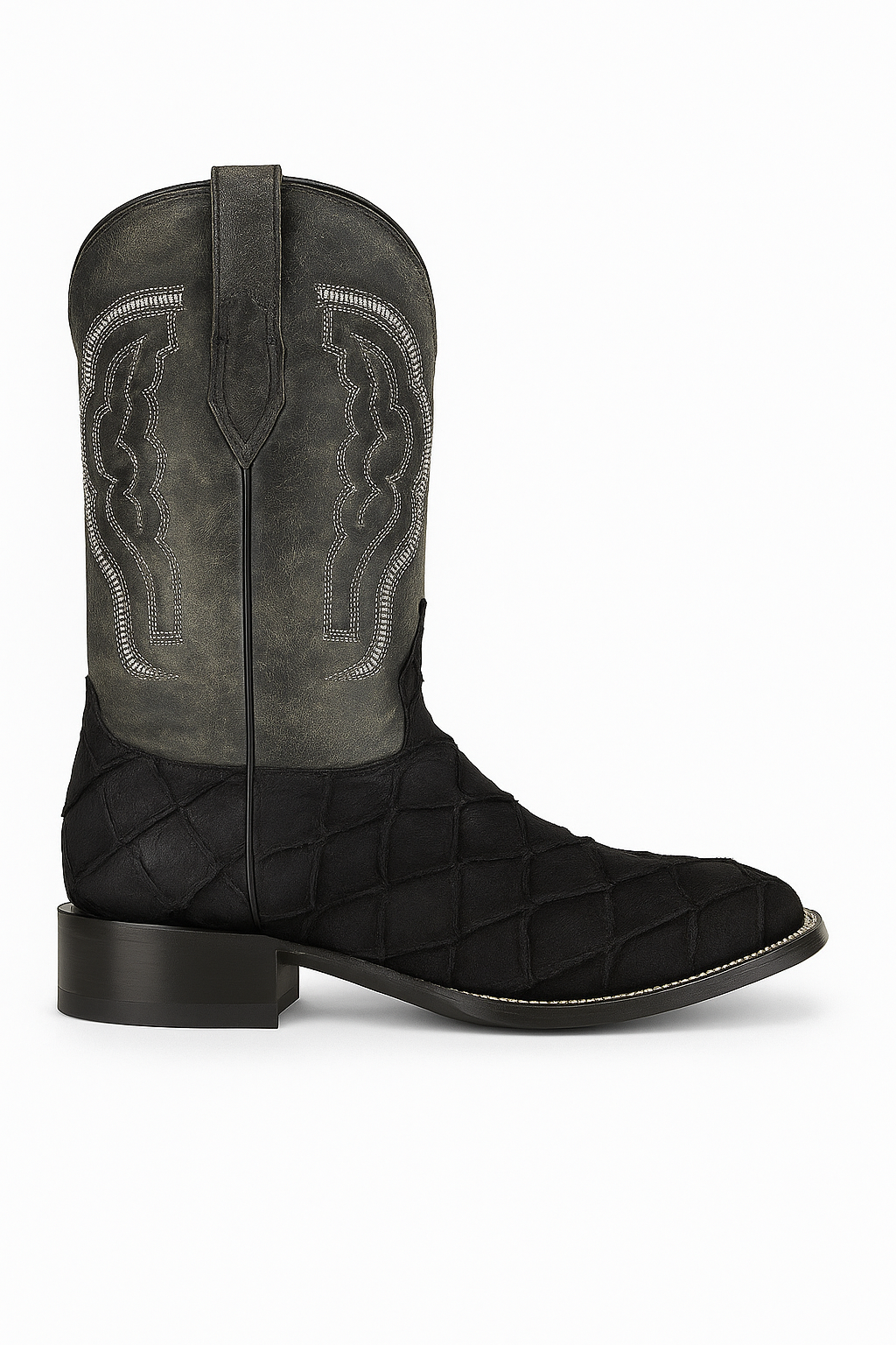 Black Embossed Pirarucu Leather Cowboy Boots with Distressed Shaft