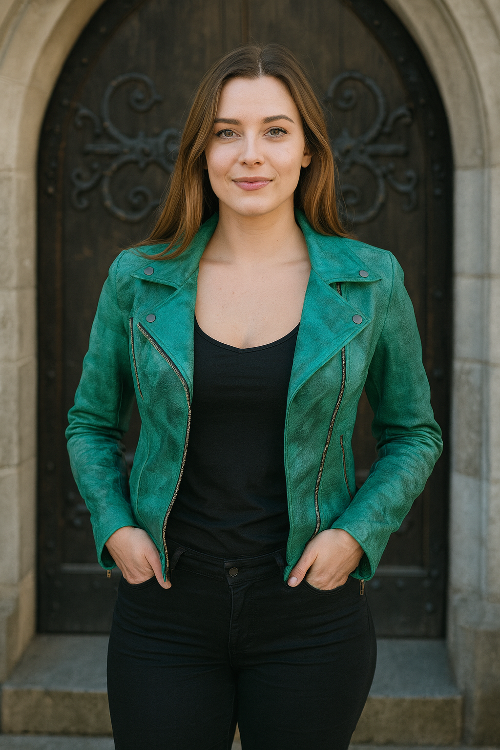 Emerald Rush Moto Jacket – Distressed Detail