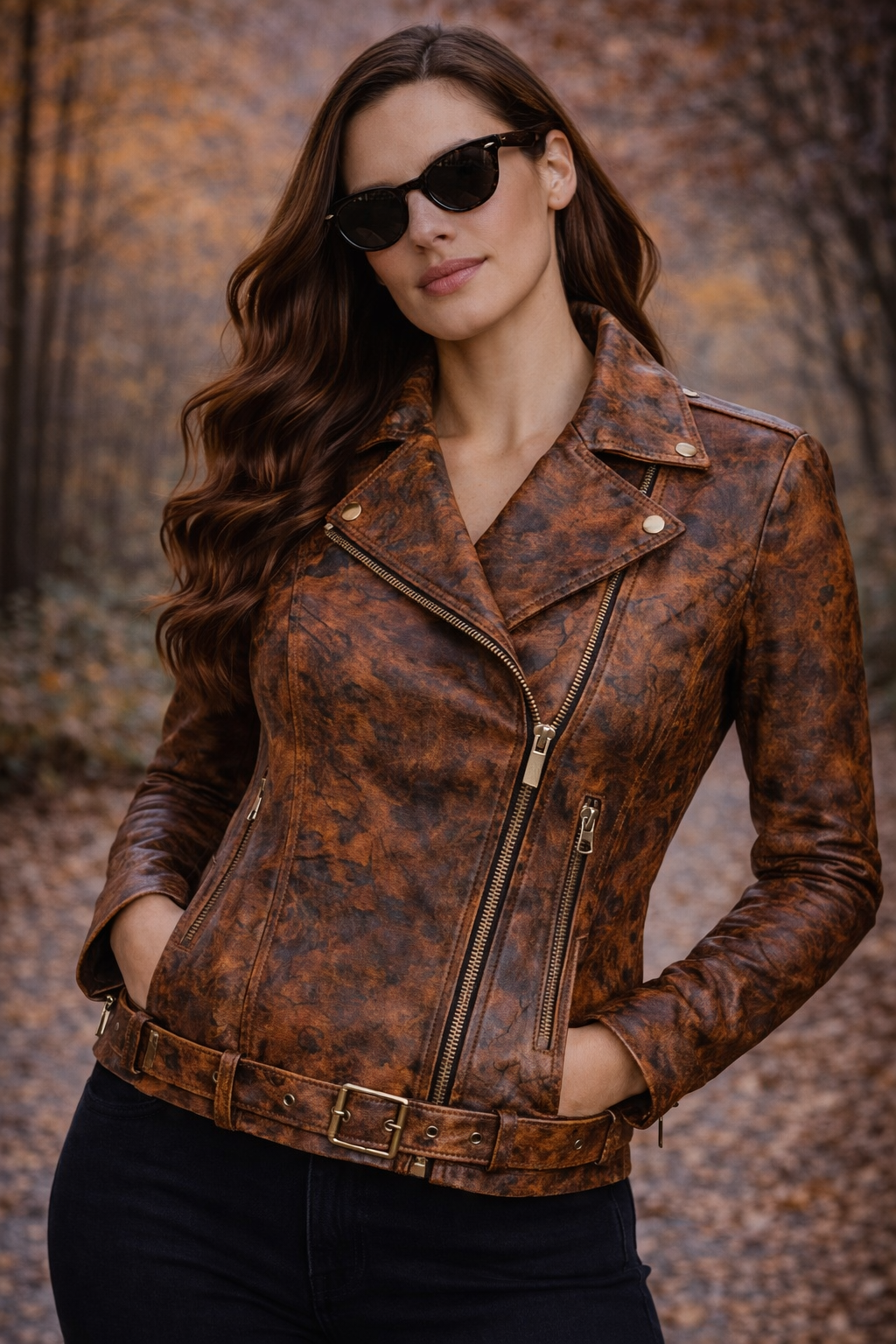 Women's Autumn Drizzle Floral Leather Jacket – Cropped Biker