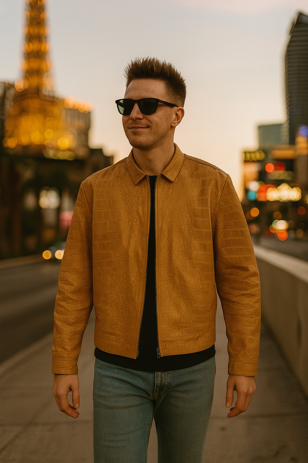Sand Crocodile-Embossed Leather Jacket