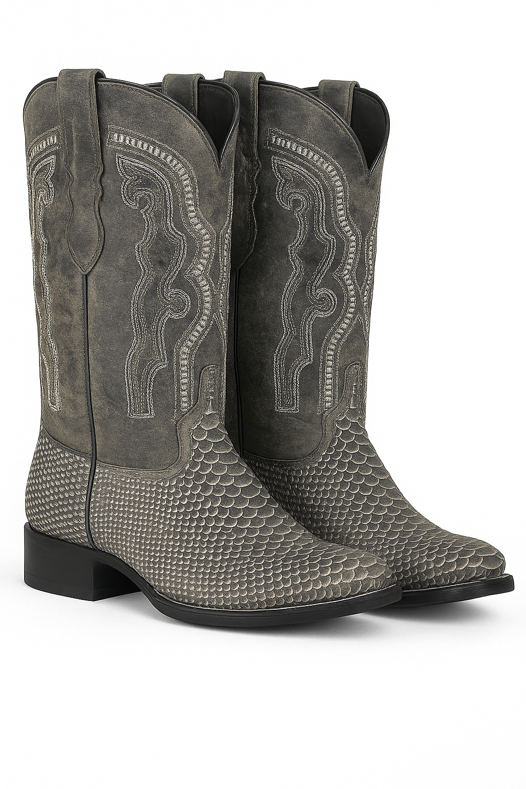 Vintage Gray Embossed Snake-Pattern Cowboy Boots