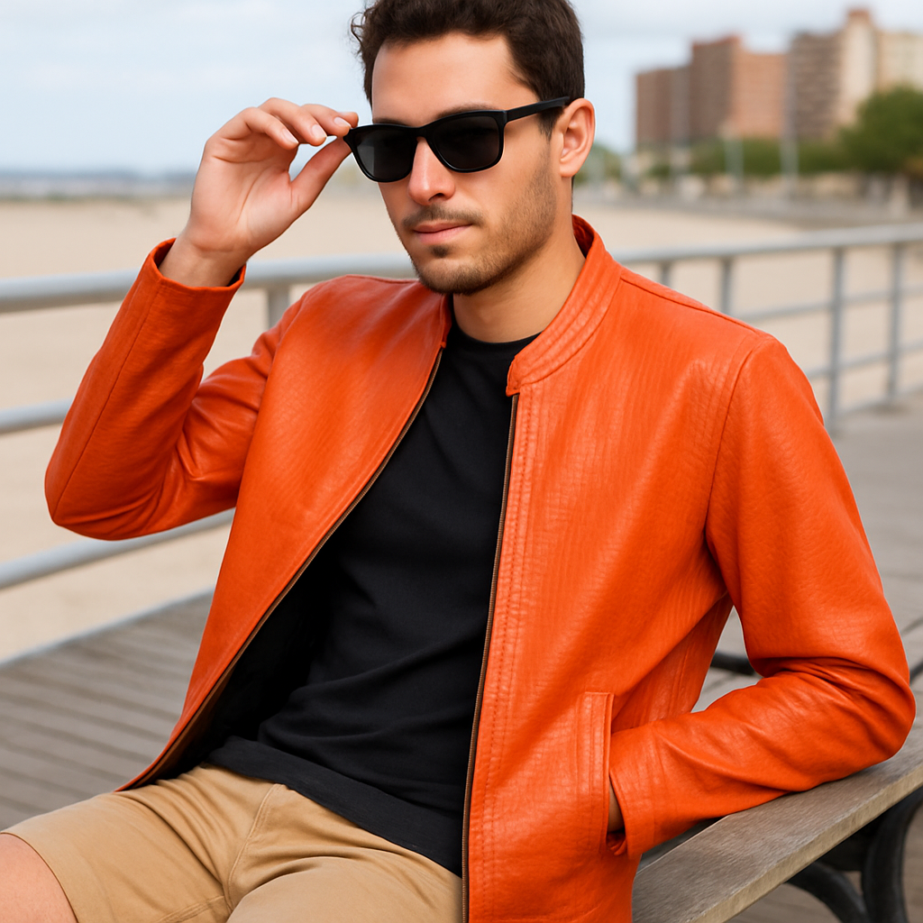 Crocodile-Embossed Zip-Up Jacket in Sunset Orange