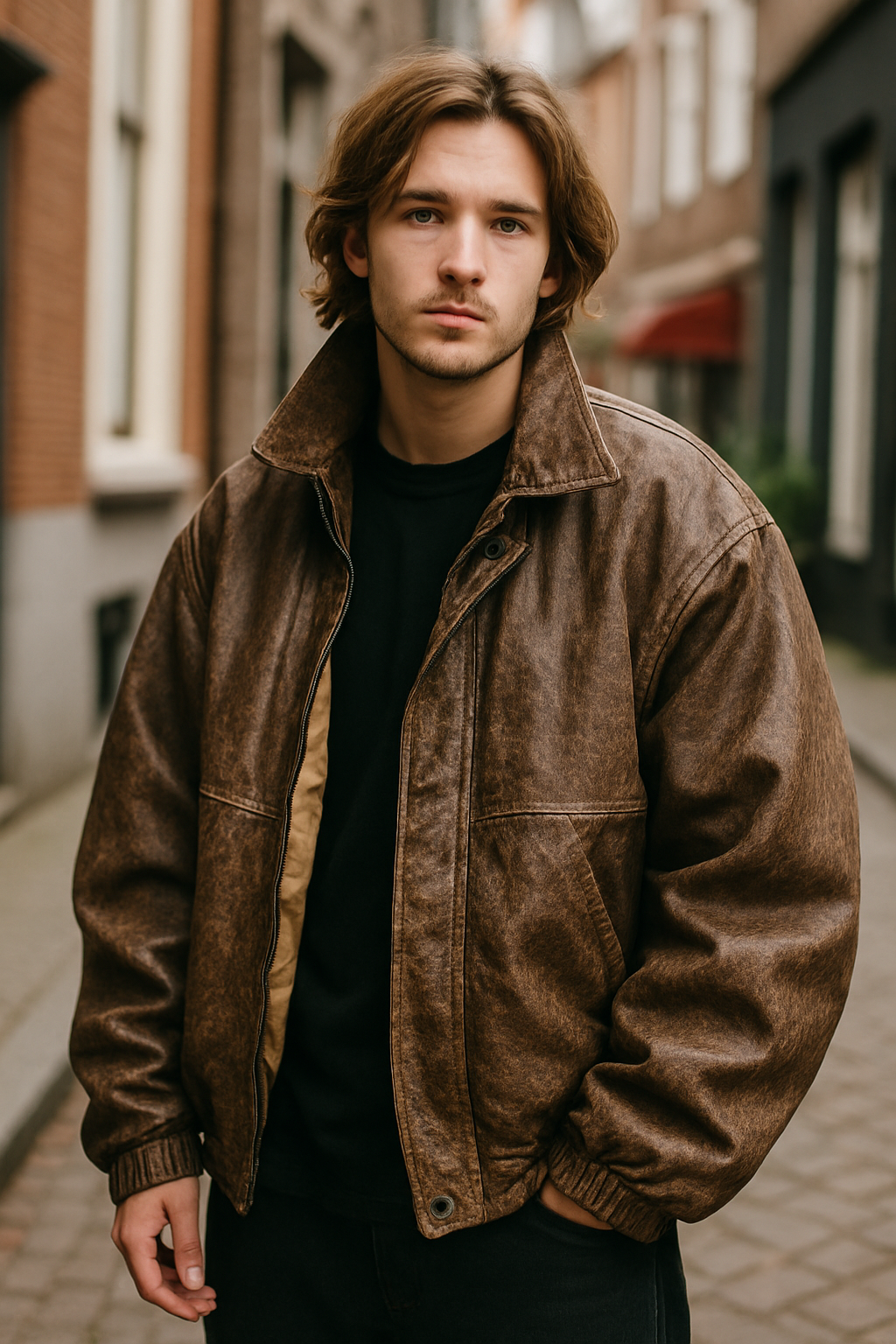 Distressed Antique Brown Leather Jacket – Vintage Oversized Bomber Style