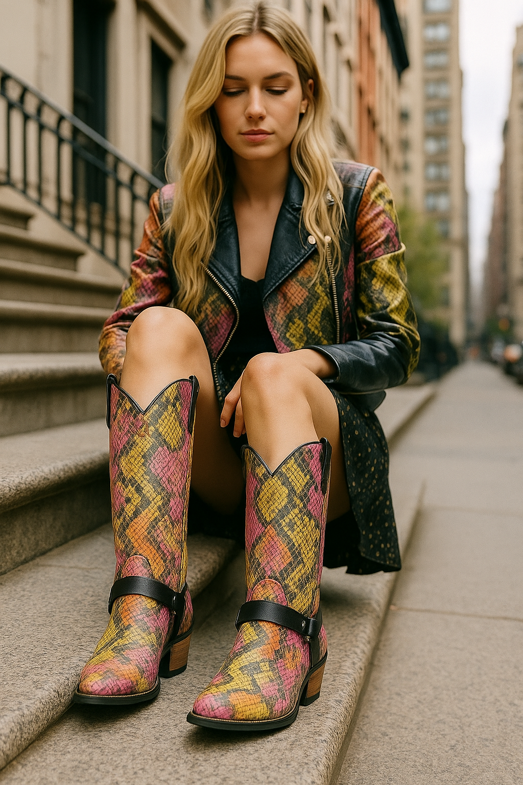 Colorful Snake Print leather Western & Ankle Style