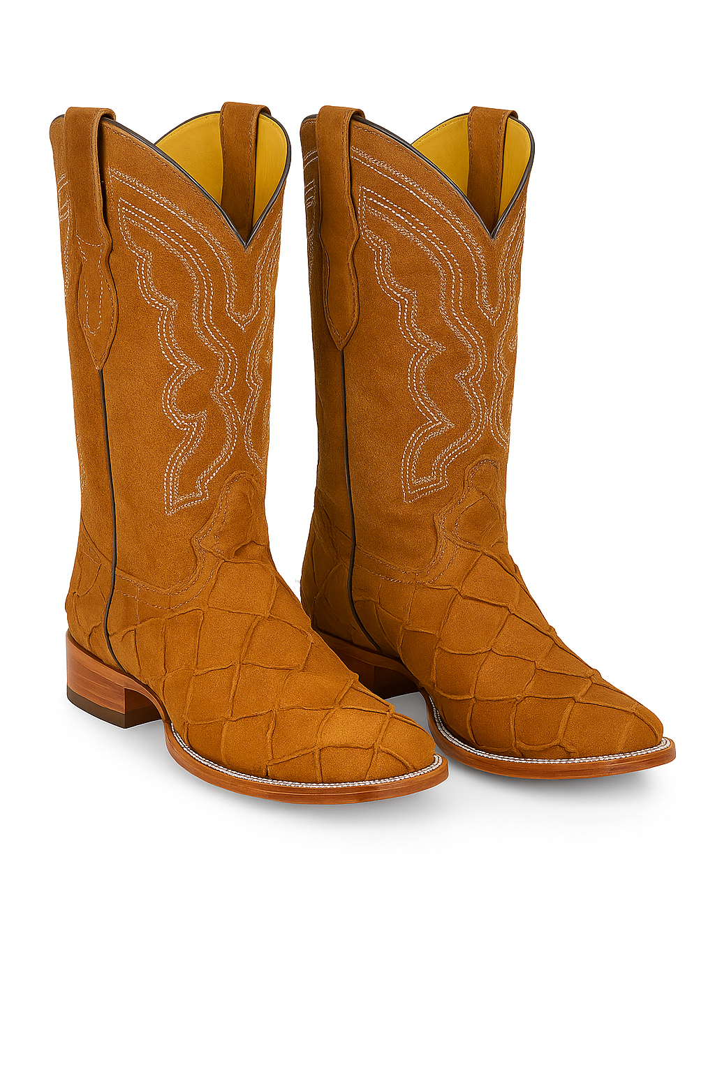 Pirarucu-embossed cowboy boots with leather crafted to look genuine. Premium exotic style and durable Western design.