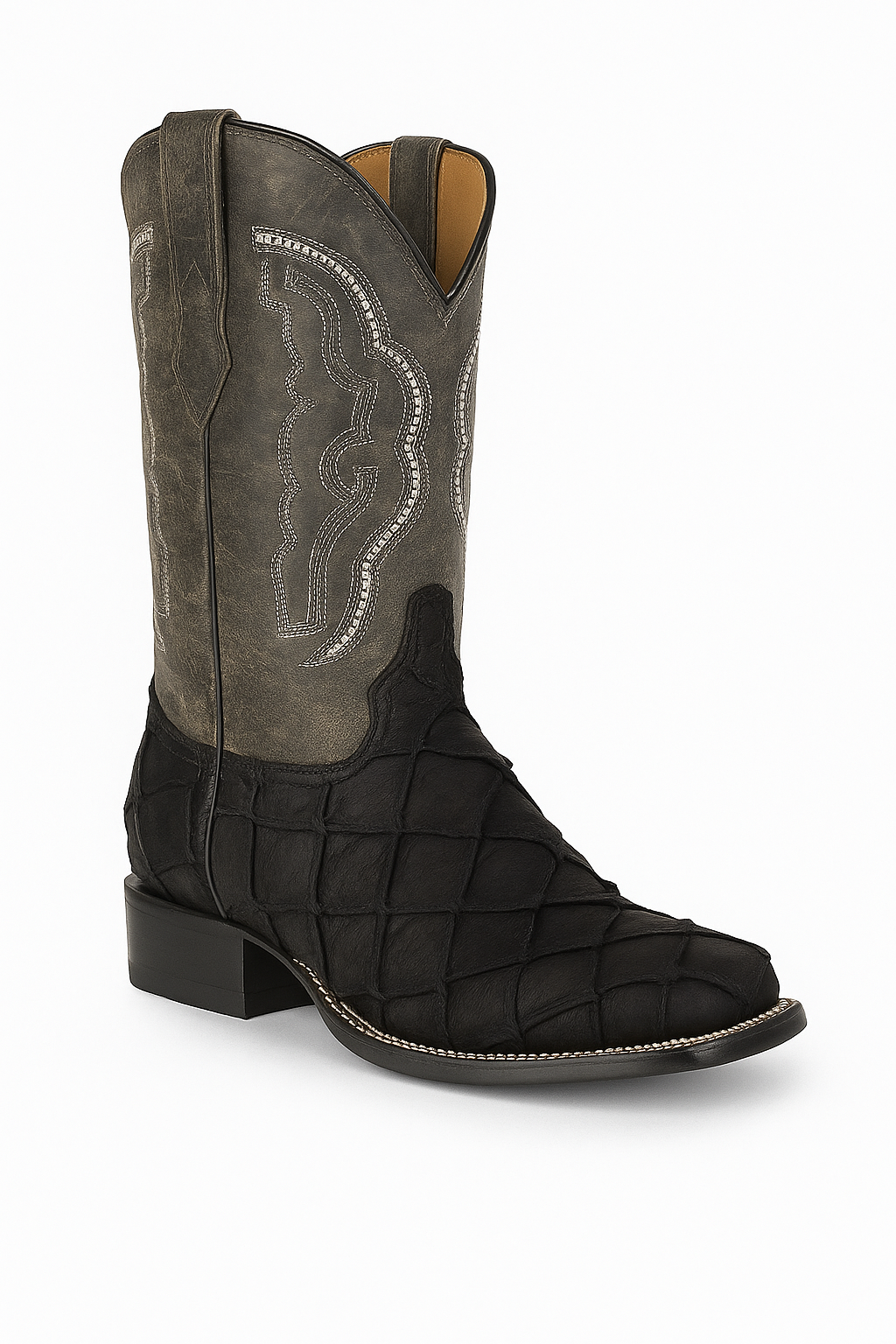 Black Embossed Pirarucu Leather Cowboy Boots with Distressed Shaft