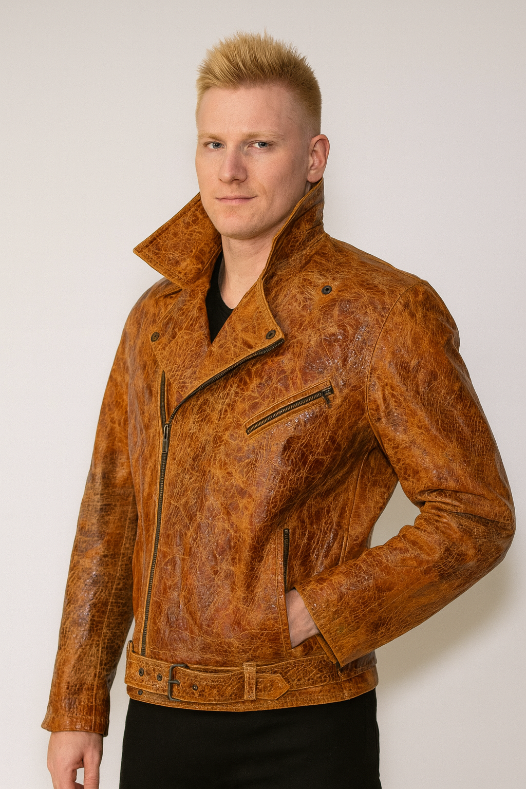 Hand-Treated Distressed Leather Biker Jacket