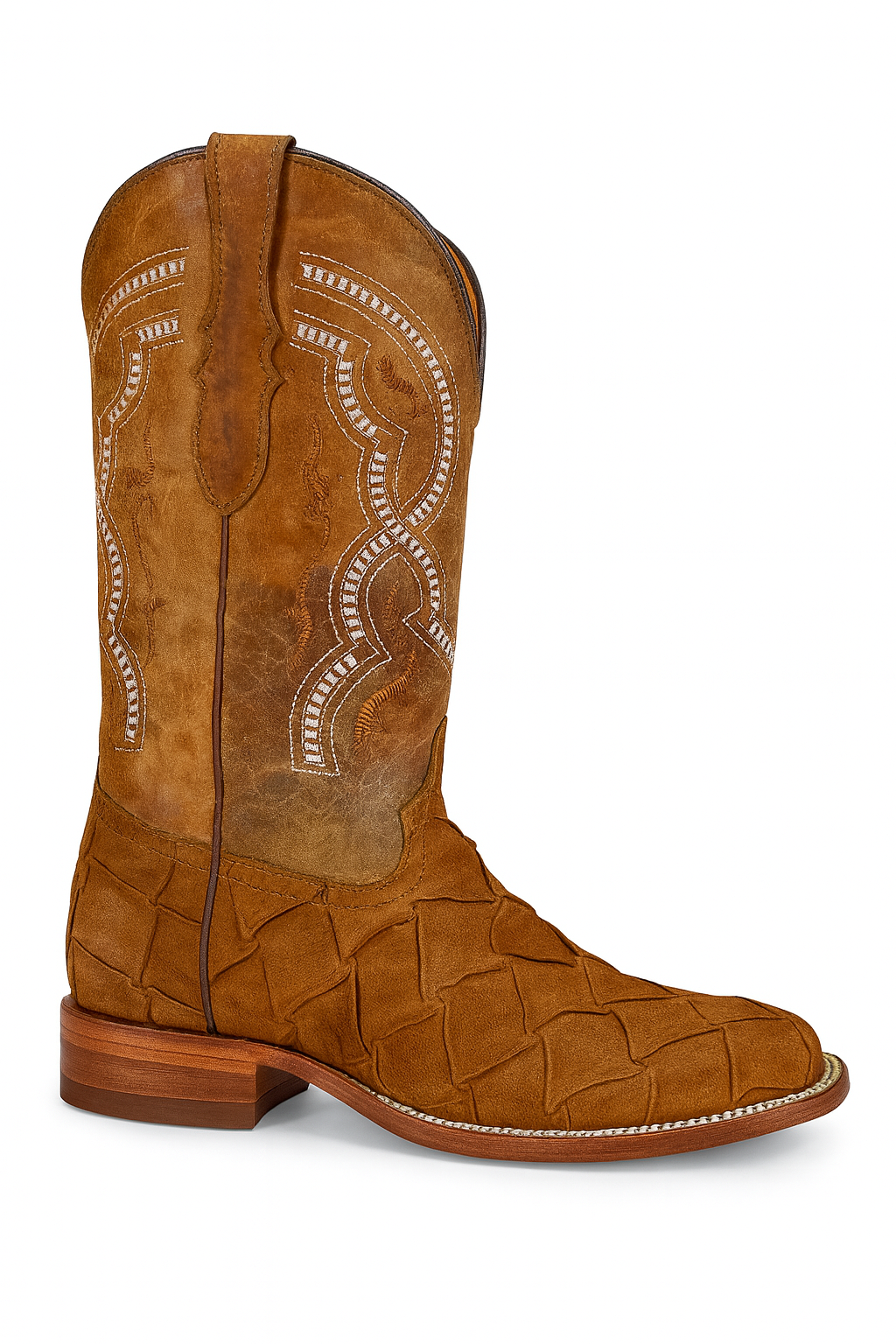 Pirarucu-embossed cowboy boots with leather crafted to look genuine. Premium exotic style and durable Western design.