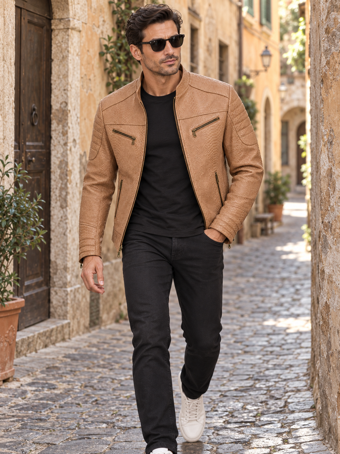 Men's Light Tan Reptile-Embossed Leather Moto Jacket