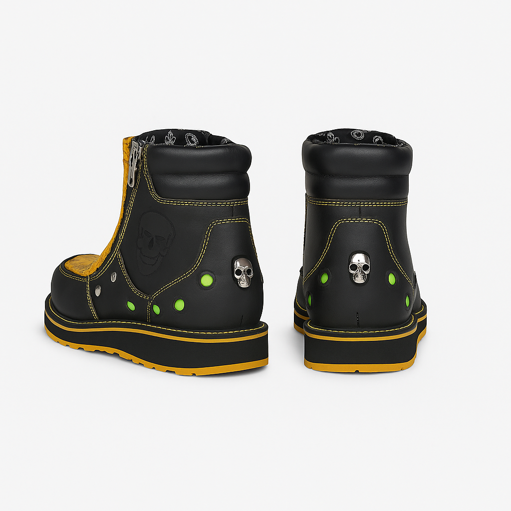Yellow Python & Black Leather Skull Boots