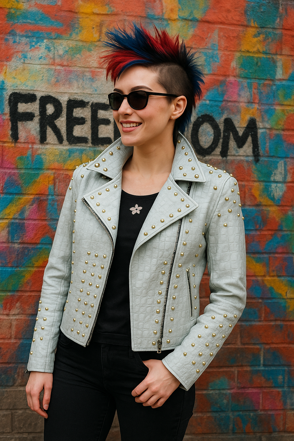 Arctic Gray Studded Leather Biker Jacket – Crocodile Embossed with Brass Accents