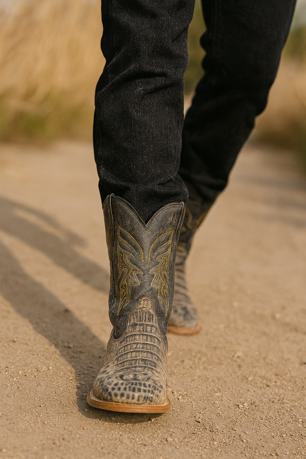 Distressed black western Boots with Crocodile Texture Vamp