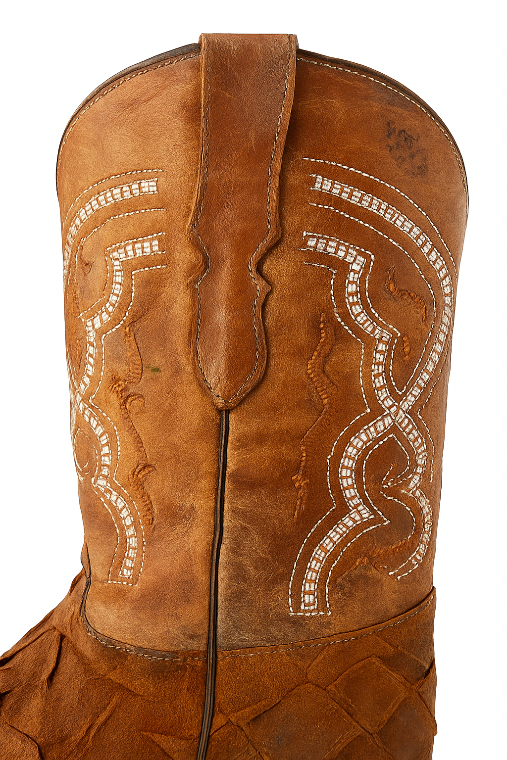 Pirarucu-embossed cowboy boots with leather crafted to look genuine. Premium exotic style and durable Western design.